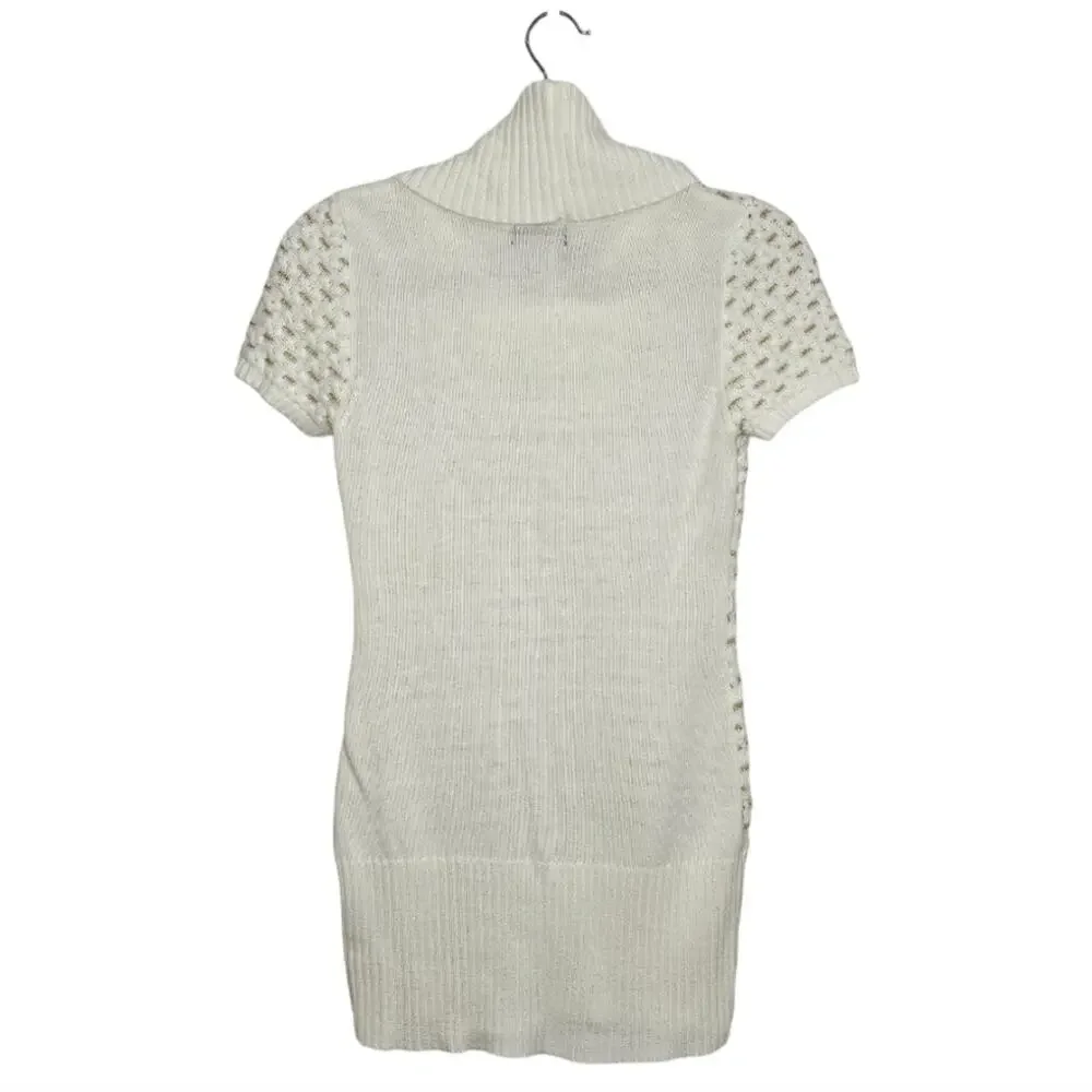 t/o Sweaters Turtleneck Short Sleeve Sweater White Accented with Gold Thread SML